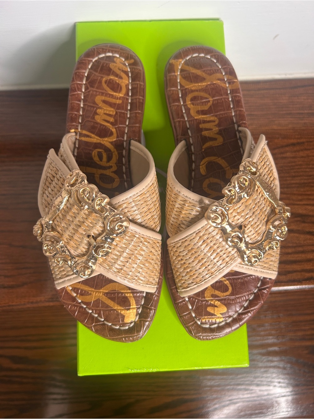 Sam Edelman Gracyn Woven Natural Crossband Slide Sandal with Gold Buckle, 5M - Picture 14 of 15